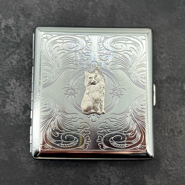 Handmade cat cigarette case with raised feline charm on silver stamped metal case