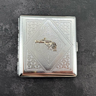 Western-inspired cigarette case closed front view with polished silver finish