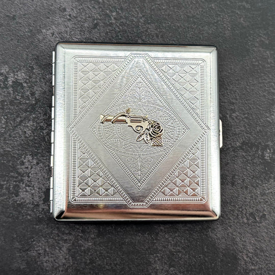 Western-inspired cigarette case closed front view with polished silver finish