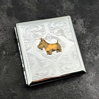 Handmade Scottie dog cigarette case with raised Scottish terrier charm on stamped silver metal case