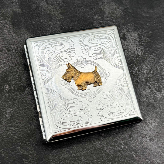 Handmade Scottie dog cigarette case with raised Scottish terrier charm on stamped silver metal case