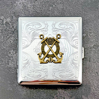 Handmade anchor business card holder with engraved scrollwork