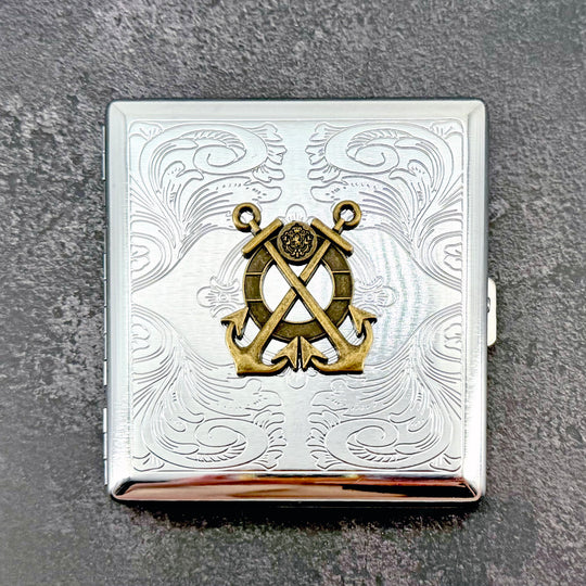 Handmade anchor business card holder with engraved scrollwork