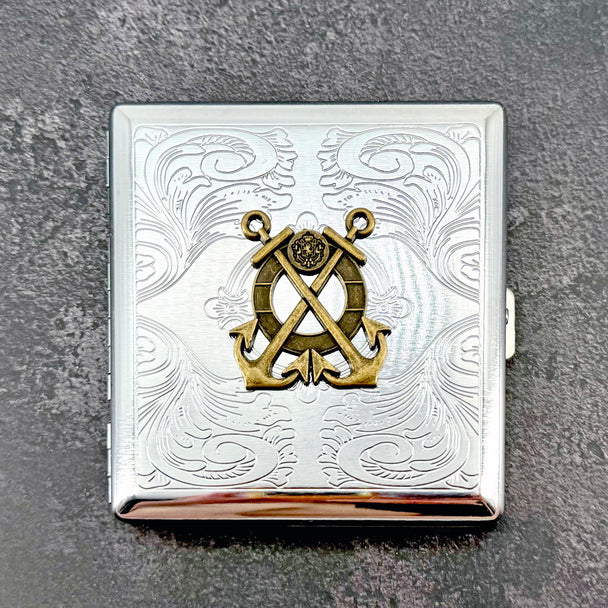 Handmade anchor business card holder with engraved scrollwork