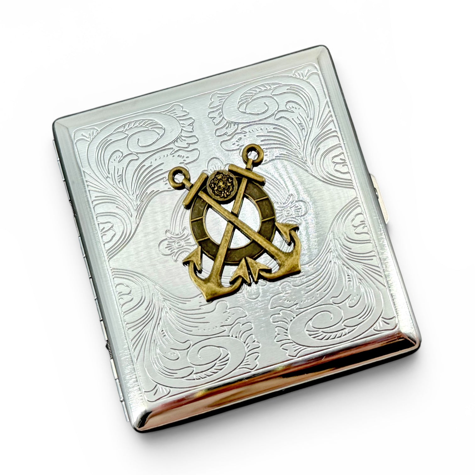 Nautical cigarette case with anchor and ship wheel design