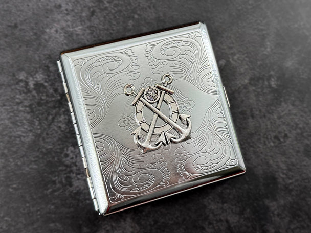 Silver Anchor Metal Cigarette Case | Nautical Card Holder