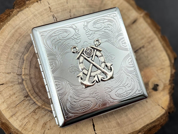 Silver Anchor Metal Cigarette Case | Nautical Card Holder