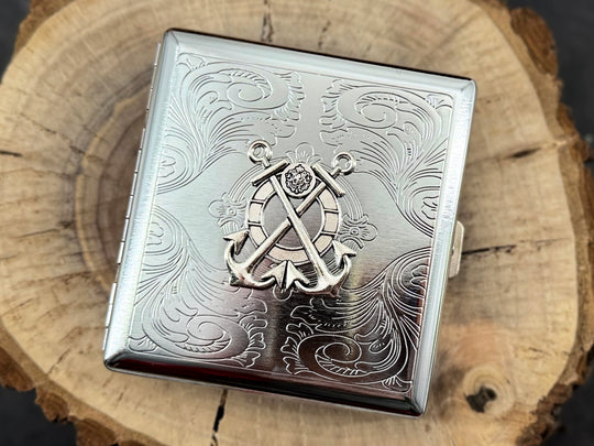 Silver Anchor Metal Cigarette Case | Nautical Card Holder