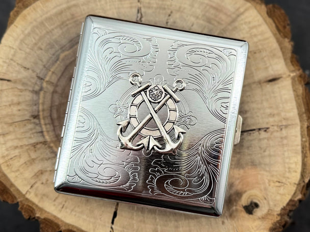 Silver Anchor Metal Cigarette Case | Nautical Card Holder