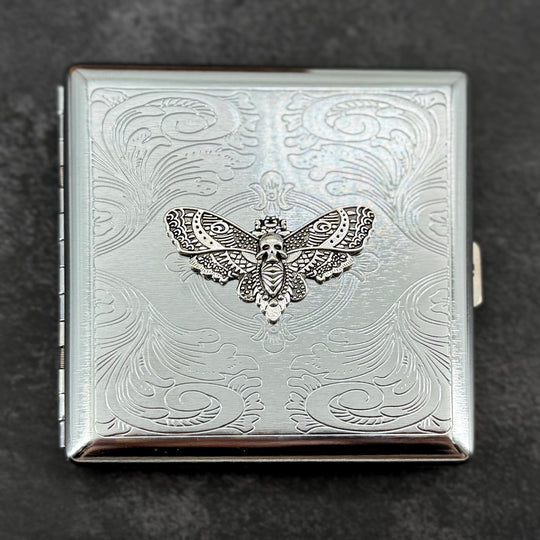 Silver option gothic metal card case with raised silver Death's-head hawkmoth and decorative stamped scrollwork