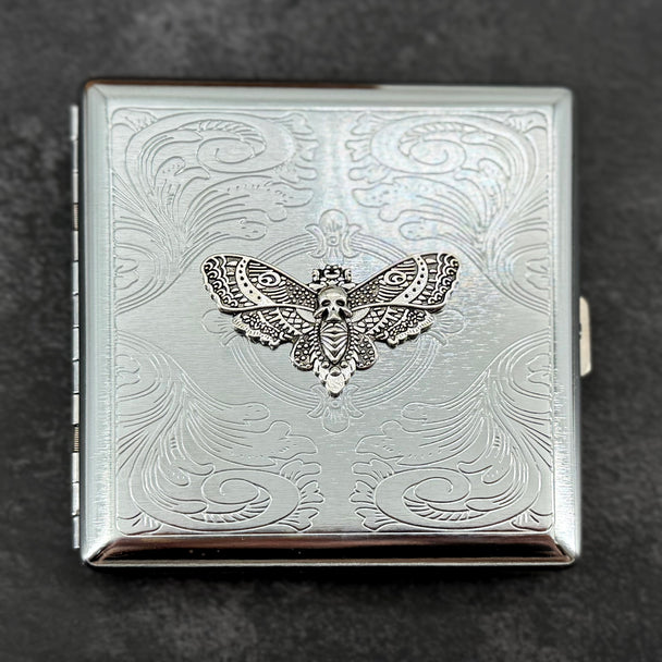 Silver option gothic metal card case with raised silver Death's-head hawkmoth and decorative stamped scrollwork