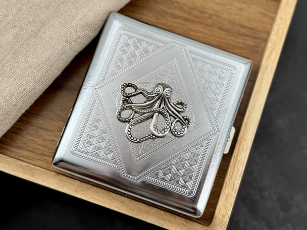 Silver Octopus Metal Cigarette Case | Nautical Card Holder