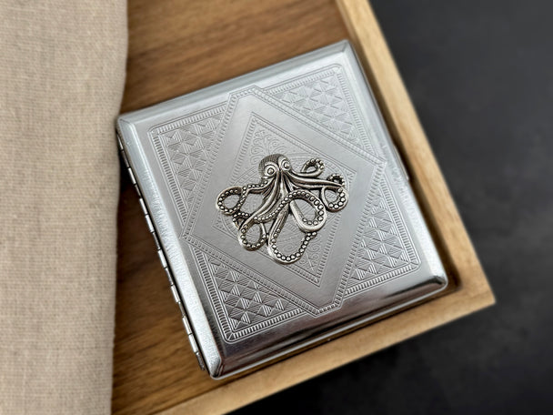 Silver Octopus Metal Cigarette Case | Nautical Card Holder