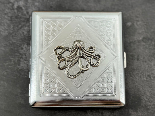 Silver Octopus Metal Cigarette Case | Nautical Card Holder