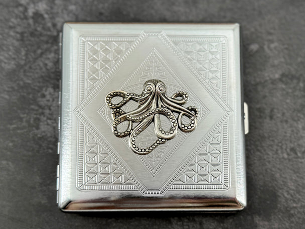Silver Octopus Metal Cigarette Case | Nautical Card Holder