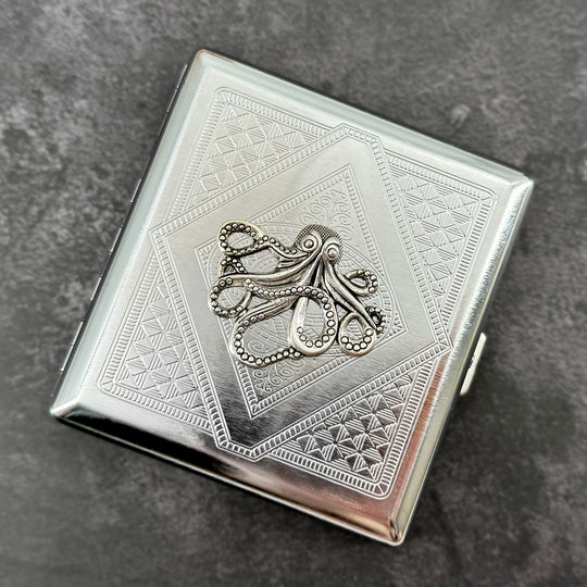 Silver Octopus Metal Cigarette Case | Nautical Card Holder