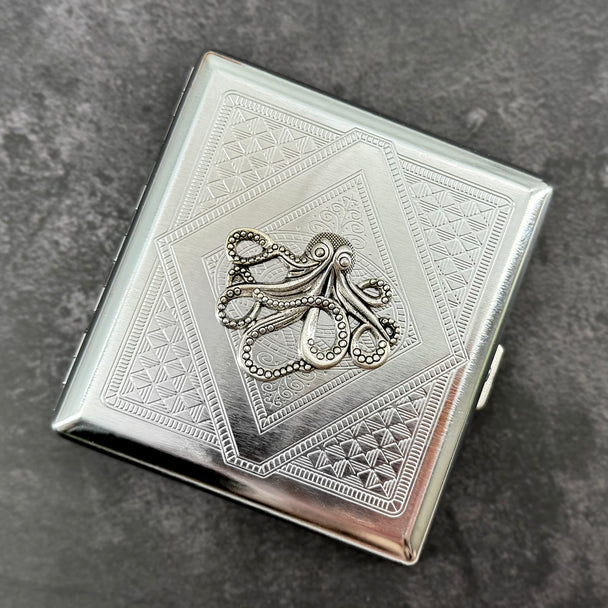 Silver Octopus Metal Cigarette Case | Nautical Card Holder