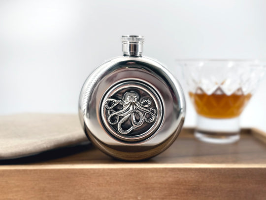 Silver Octopus Stainless Steel Flask | 5 oz Nautical Window Flask