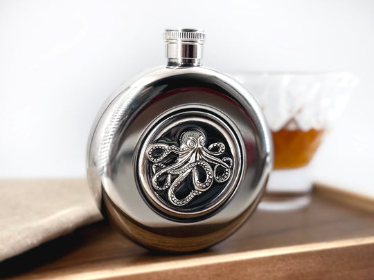 Silver Octopus Stainless Steel Flask | 5 oz Nautical Window Flask