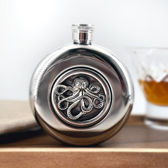 Silver Octopus Stainless Steel Flask | 5 oz Nautical Window Flask