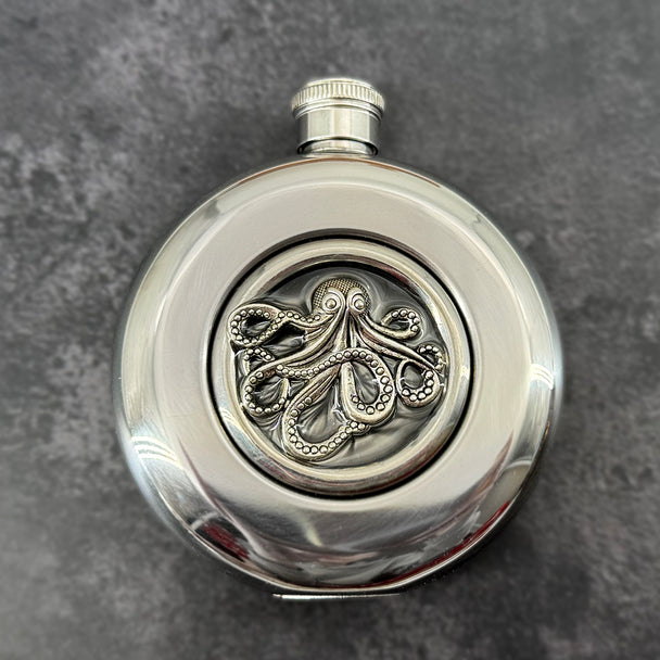 Silver Octopus Stainless Steel Flask | 5 oz Nautical Window Flask