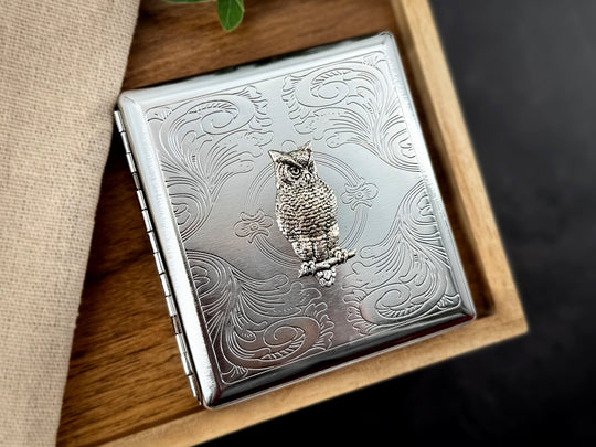 Handmade woodland cigarette case with silver owl centerpiece
