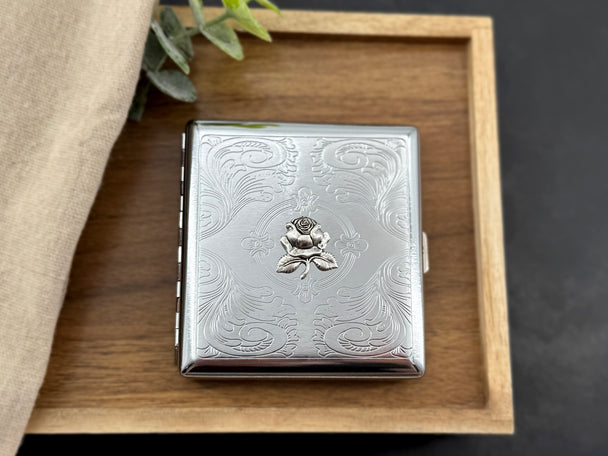 Silver Rose Cigarette Case | Botanical Card Holder