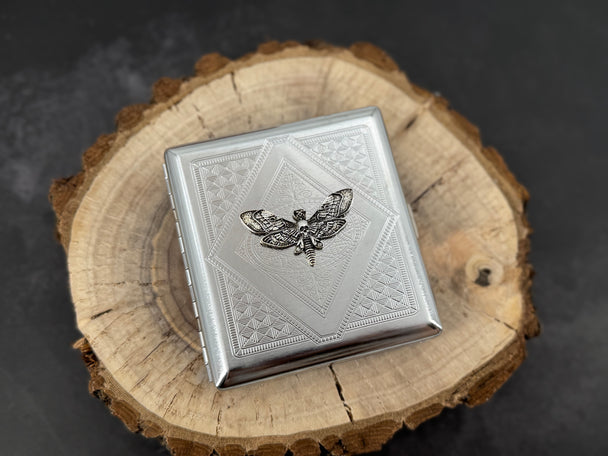 Handmade metal card holder with silver hawkmoth and skull detail