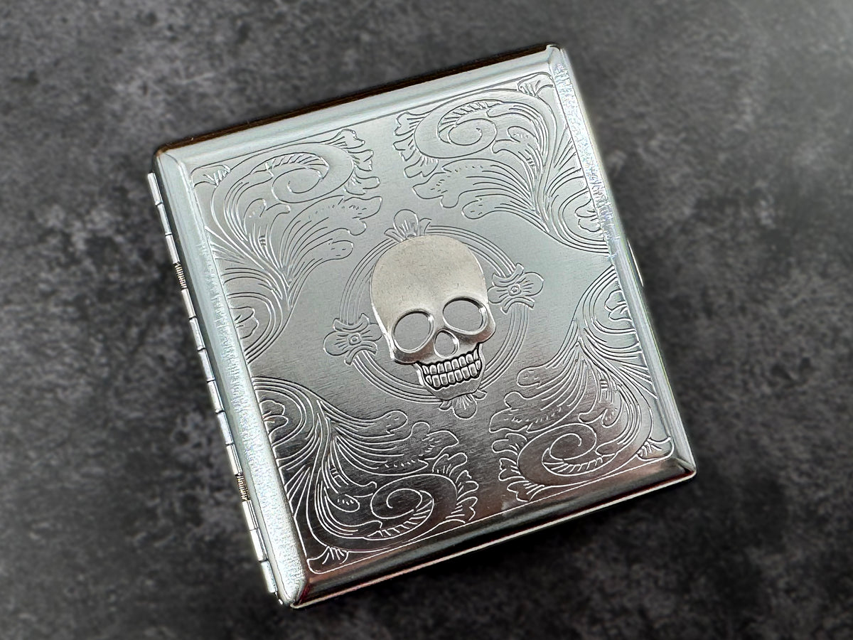 Halloween silver skull cigarette case handmade to order