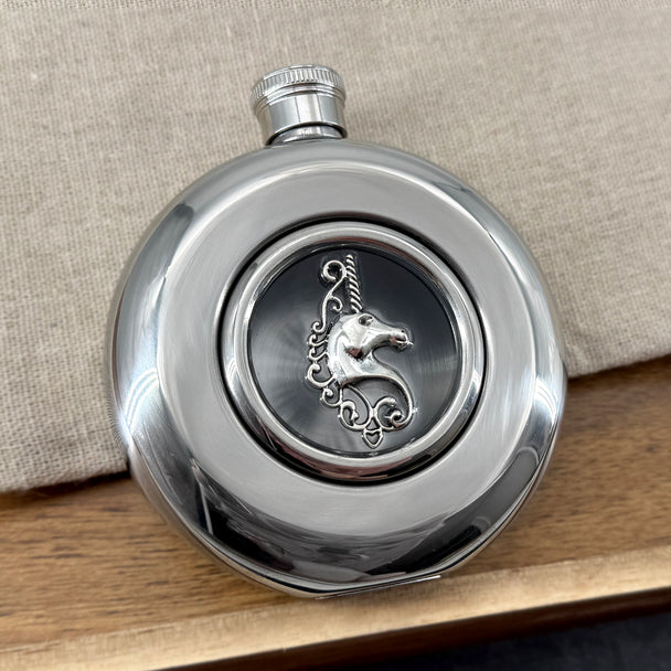 Fantasy-inspired stainless steel flask with silver unicorn centerpiece