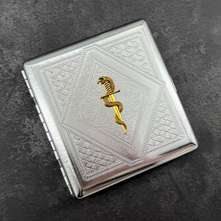 Gothic snake and dagger cigarette case closed front view with polished silver finish