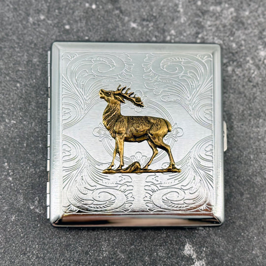 Stag pocket case with raised deer design and engraved ornamental background