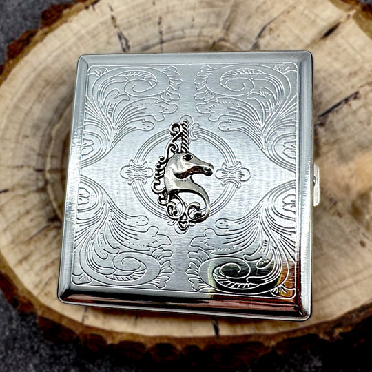 Unicorn Crest Case metal pocket case with raised unicorn emblem and stamped scrollwork