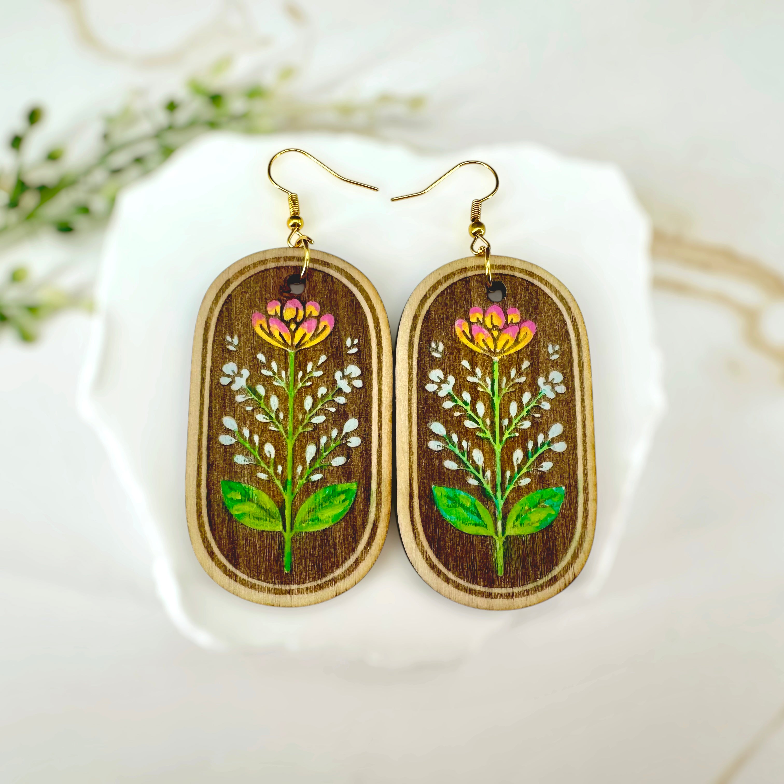 Golden Hour wildflower wooden earrings by Harmless Habit Studio