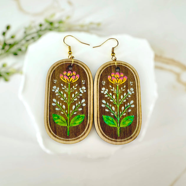 Golden Hour wildflower wooden earrings by Harmless Habit Studio