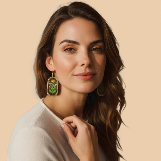 Wildflower wooden earrings on model by Harmless Habit Studio