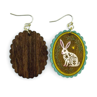 Handmade rabbit earrings with botanical engraving and scalloped frame