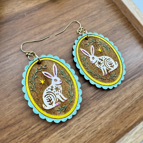 Vintage-style rabbit cameo earrings with engraved wood details