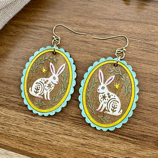 Hand-painted woodland rabbit earrings with engraved botanical details
